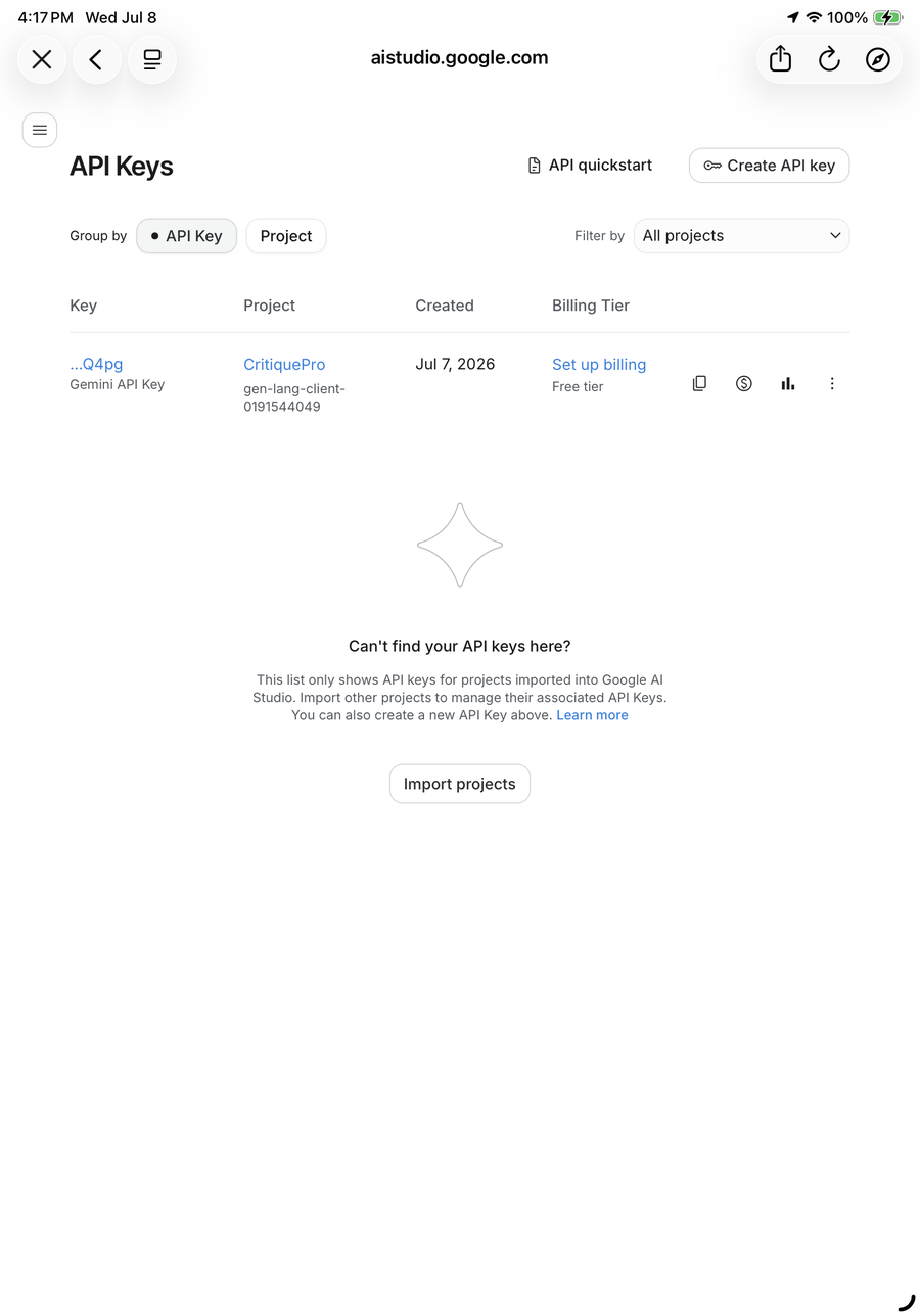 Google AI Studio API Keys page